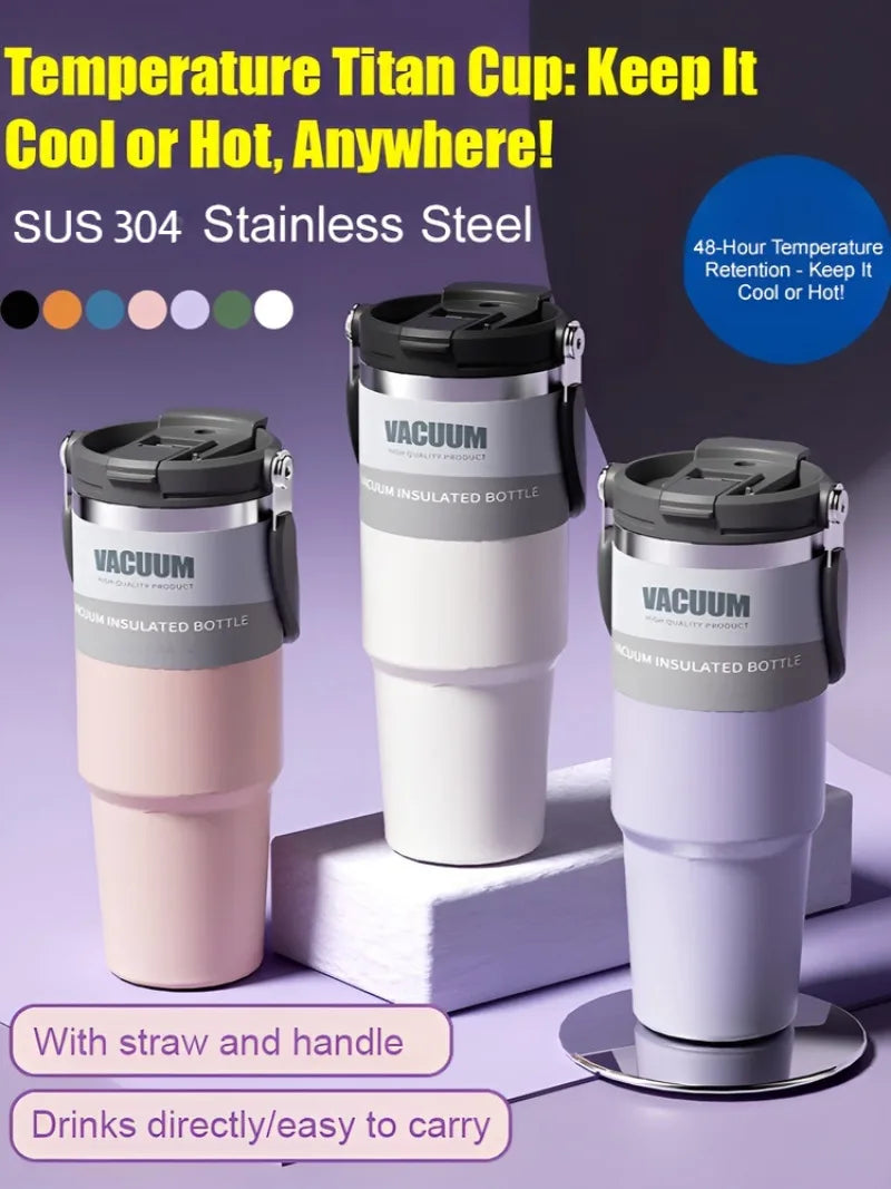 Portable Stainless Steel Thermal Cup , Large Capacity, Handheld with Dual Drinking Straw, Insulates Hot & Cold,Ideal for